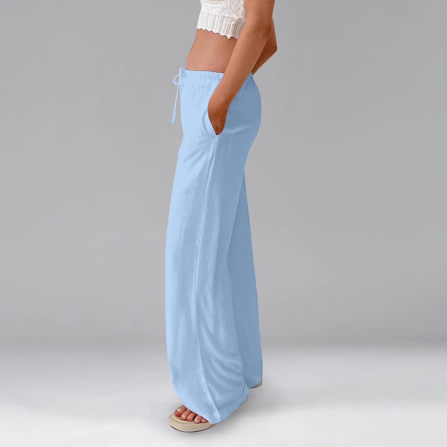Miyaomn Women's Linen Pants for Summer High Waisted Drawstring Wide Leg Palazzo Pants Casual Boho Beach Trousers with Pockets