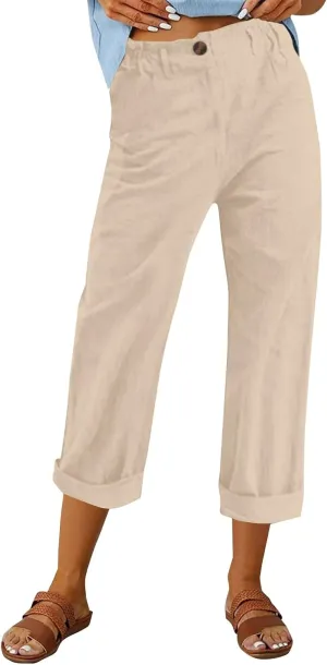 Miyaomn Womens Straight Leg Casual Linen Pants Lightweight Elastic Waist Lounge Pants Cute Summer Beach Trousers with Pockets