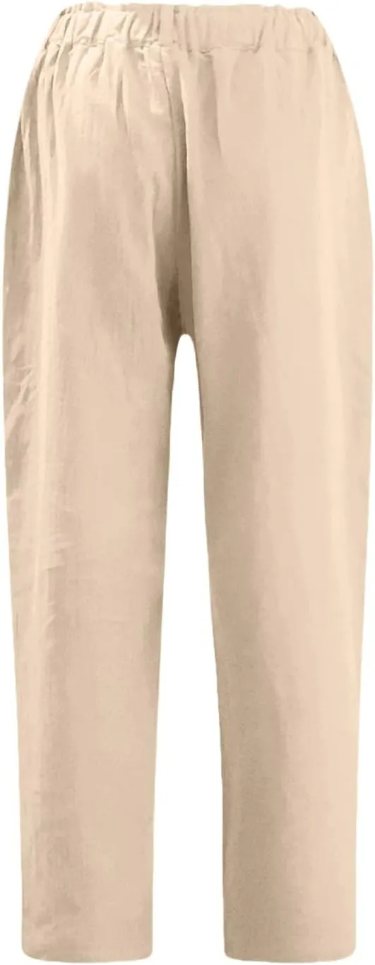 Miyaomn Womens Straight Leg Casual Linen Pants Lightweight Elastic Waist Lounge Pants Cute Summer Beach Trousers with Pockets