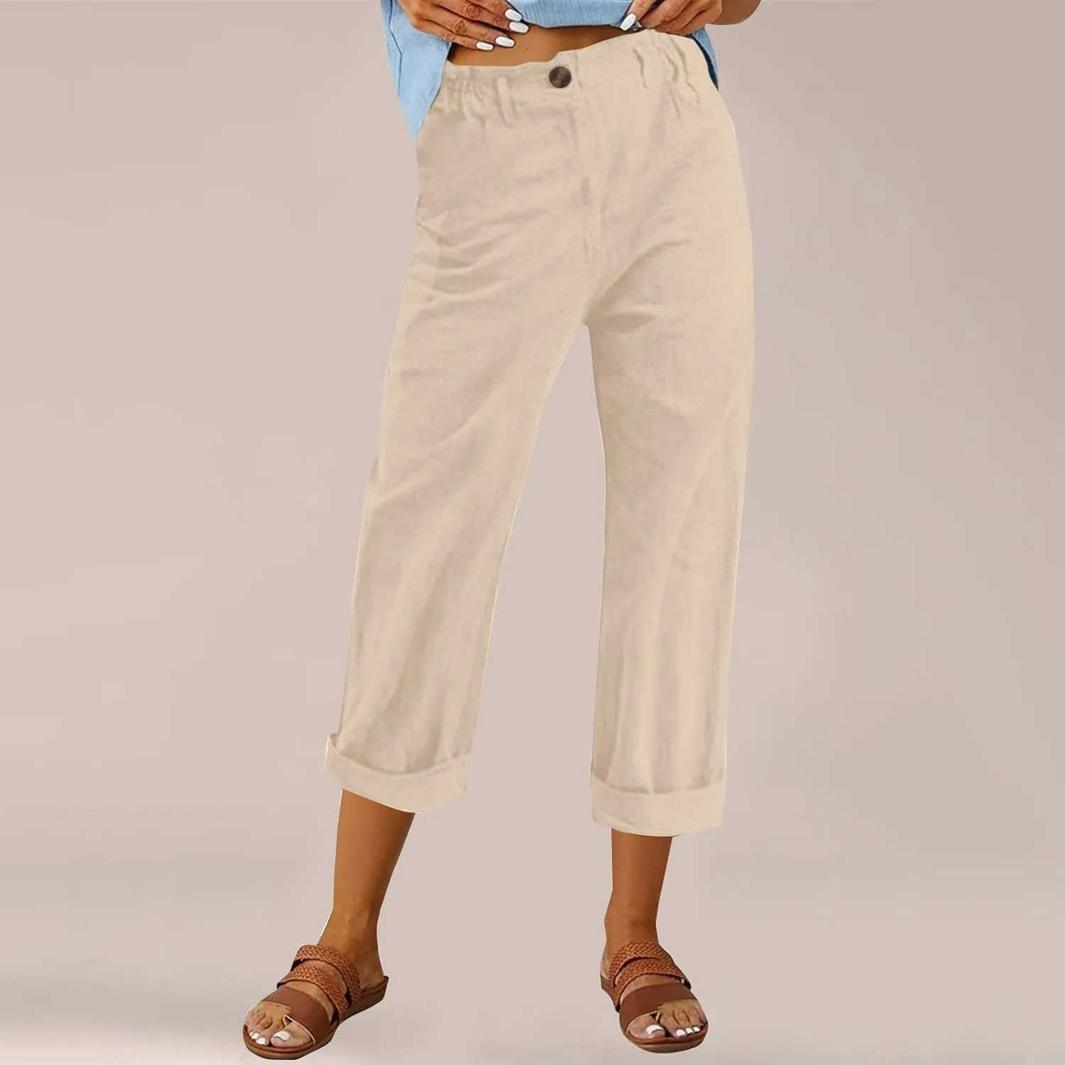 Miyaomn Womens Straight Leg Casual Linen Pants Lightweight Elastic Waist Lounge Pants Cute Summer Beach Trousers with Pockets