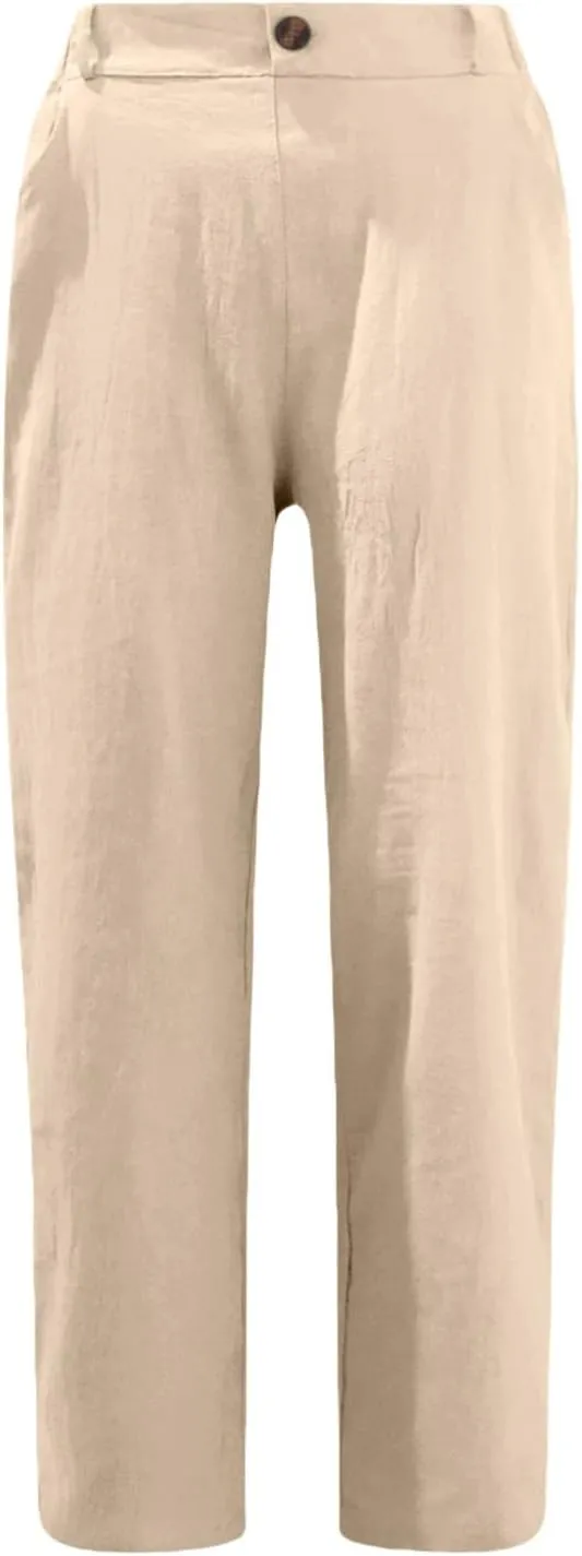 Miyaomn Womens Straight Leg Casual Linen Pants Lightweight Elastic Waist Lounge Pants Cute Summer Beach Trousers with Pockets
