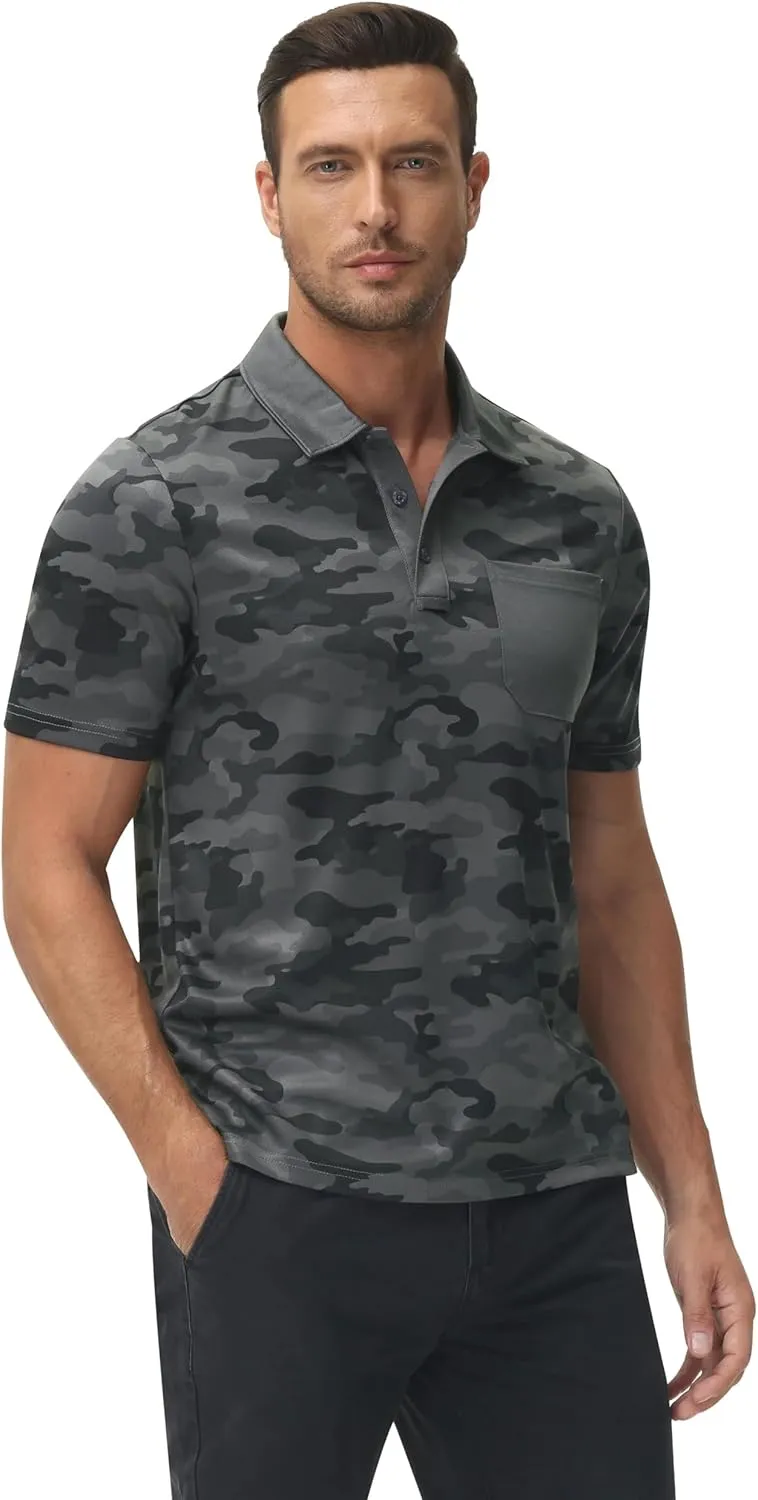 MoFiz Mens Camo Polo Golf Shirts Lightweight Dry Fit Pique Short Sleeve Collared Hiking T-Shirts Dry fit Activewear