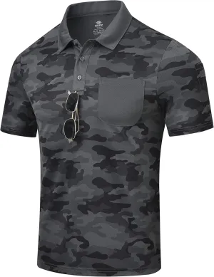 MoFiz Mens Camo Polo Golf Shirts Lightweight Dry Fit Pique Short Sleeve Collared Hiking T-Shirts Dry fit Activewear