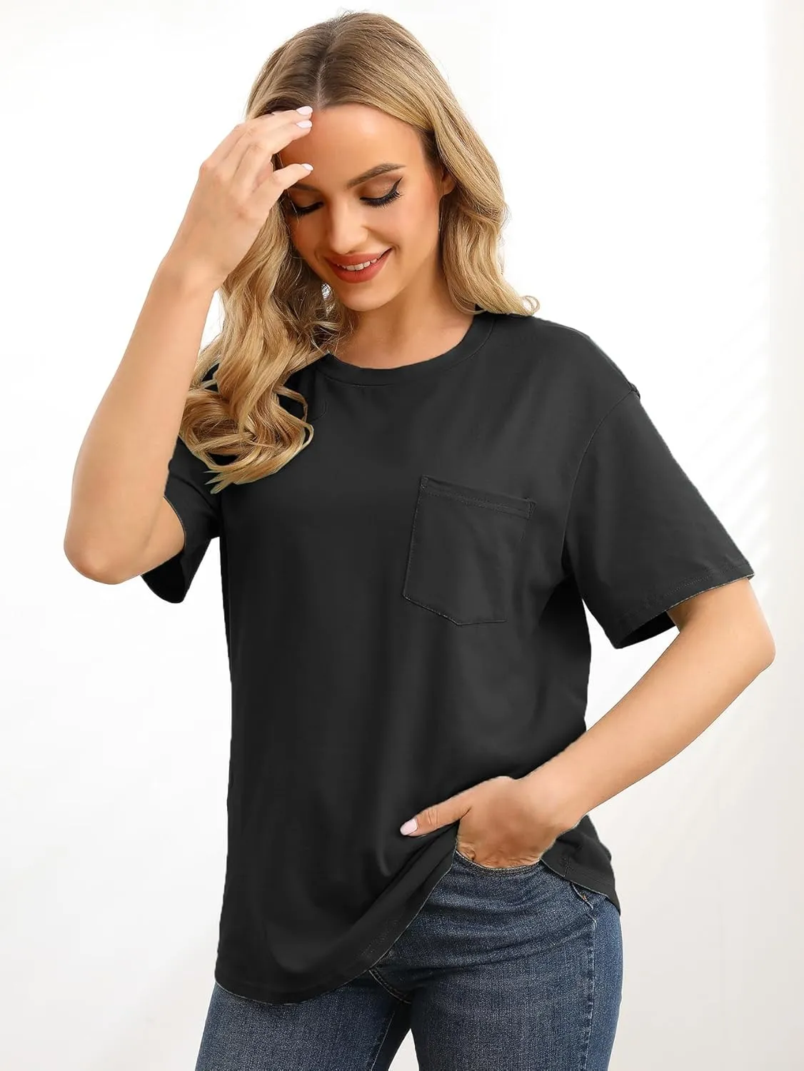 Muchpow Women's Crewneck Summer T Shirt Short Sleeve Casual Loose Tops with Pocket