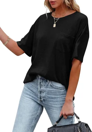 Muchpow Women's Crewneck Summer T Shirt Short Sleeve Casual Loose Tops with Pocket