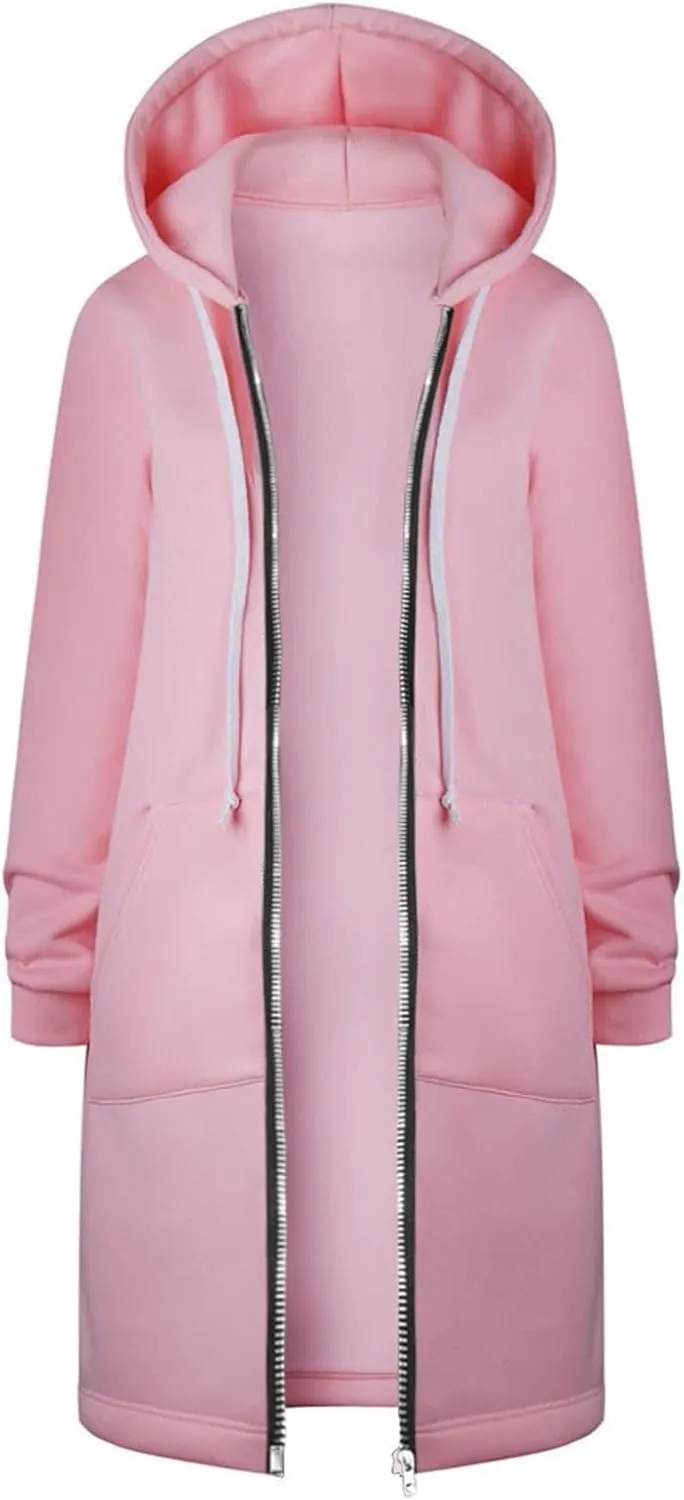 Muyise Women's Casual Zip Up Long Hoodies Tunic Sweatshirt Winter Warm Long Sleeve Hooded Outerwear Jacket Coat with Pockets