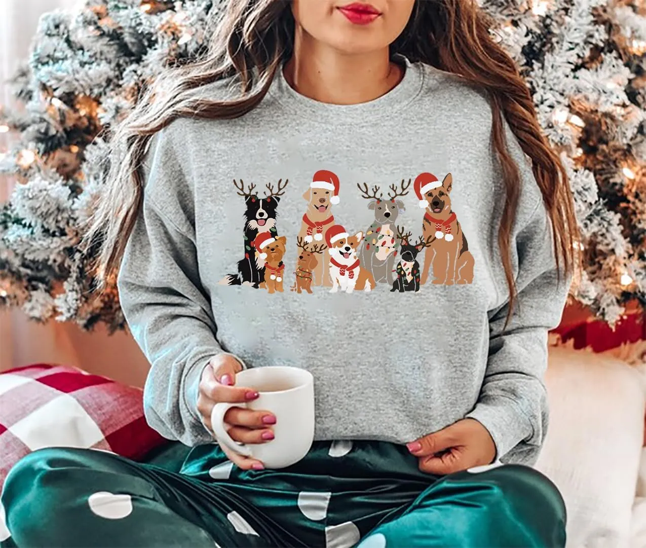 MYCHTE Christmas Dog Sweatshirt Women Dog Owner Xmas T Shirt Gift Casual Long Sleeve Pullover Tops Cute Dogs Graphic Tee