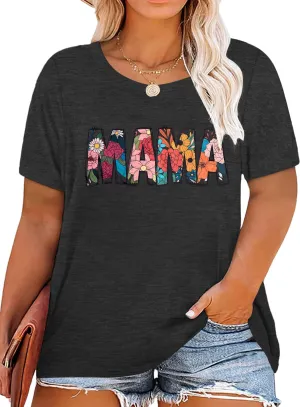 NANYUAYA Plus Size Mama Shirt for Women Mom Printed Tshirt Vintage Floral Graphic Tee Loose Fitting Short Sleeve Top