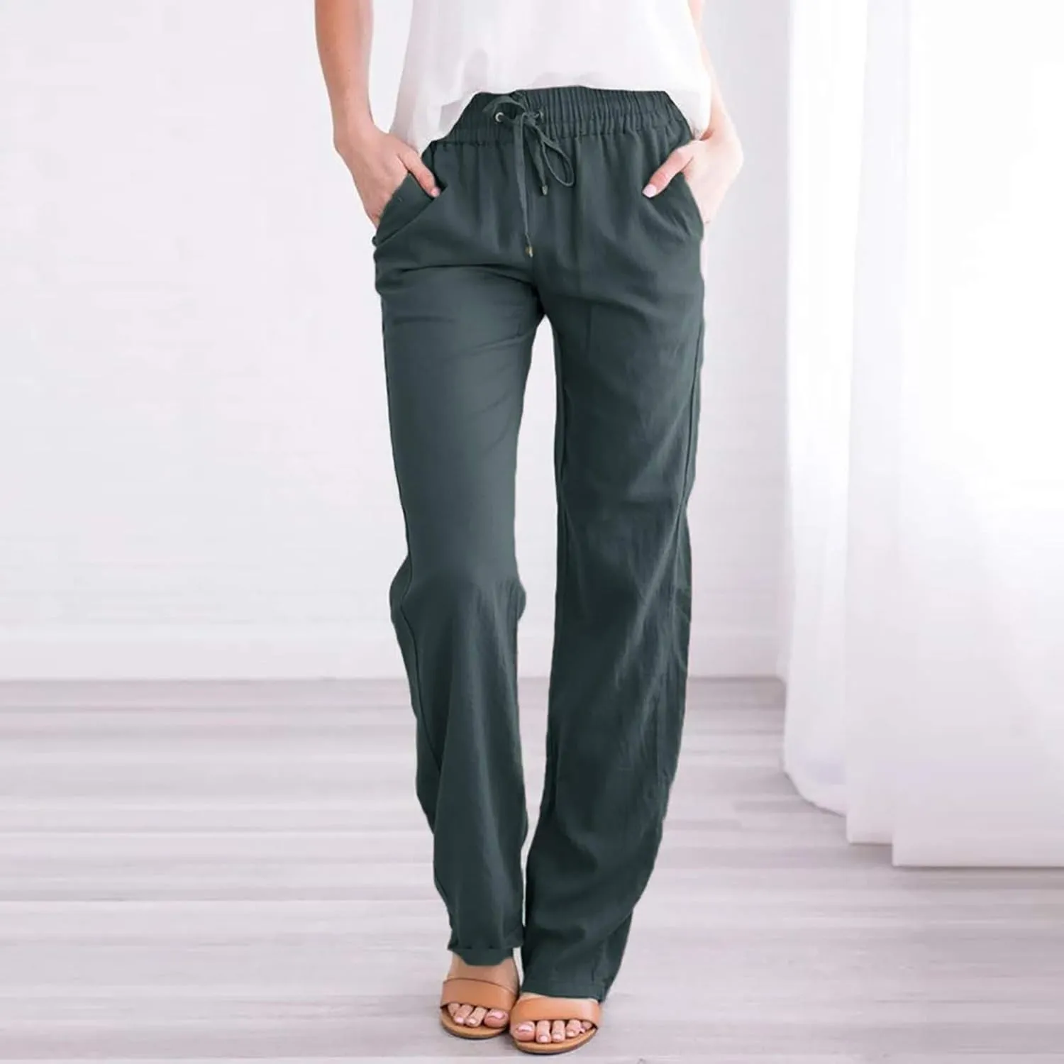 NATHGAM Women's Stretchy Wide Leg Palazzo Lounge Pants Casual Comfy High Waist Straight Leg Trouser Summer Cotton Linen Pants