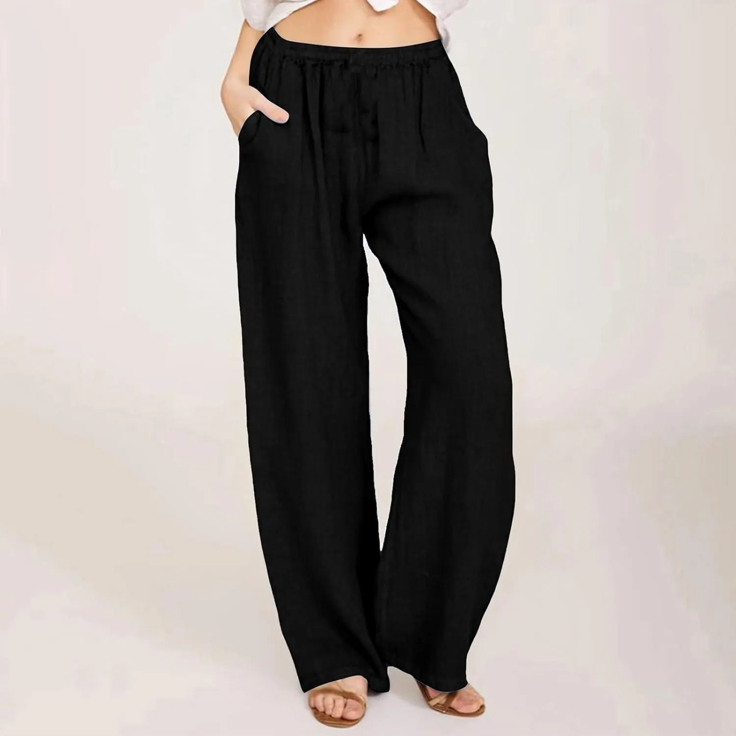 NBXNZWF Women's Cotton Linen Pants 2025 Summer Casual Straight Leg Trousers Wide Leg Loose Fit Long Pants with Pockets