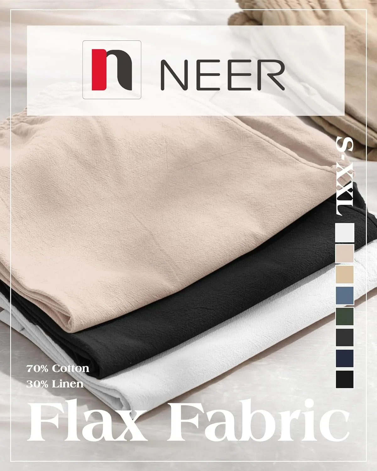 Neer 2 Pack Men's Cotton Linen Bermuda Flat Front Shorts, 7" Casual Elastic Waist Drawstring Summer Beach Shorts with Pockets