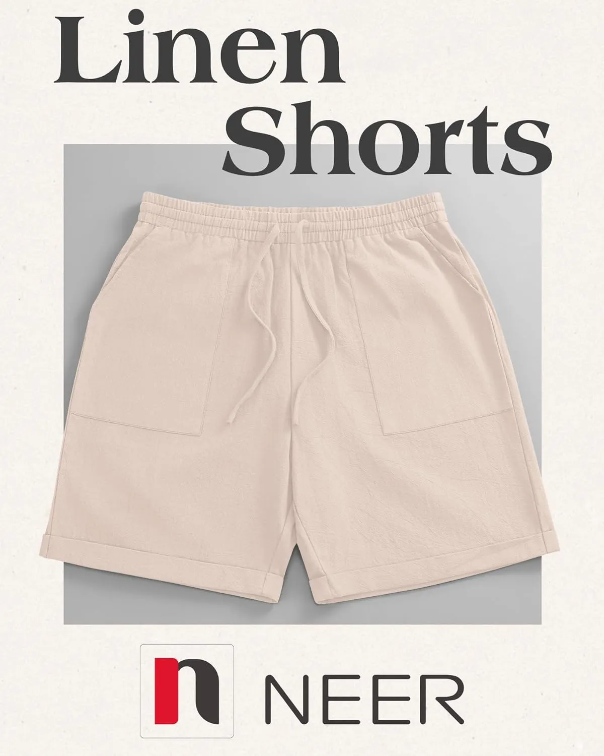 Neer 2 Pack Men's Cotton Linen Bermuda Flat Front Shorts, 7" Casual Elastic Waist Drawstring Summer Beach Shorts with Pockets