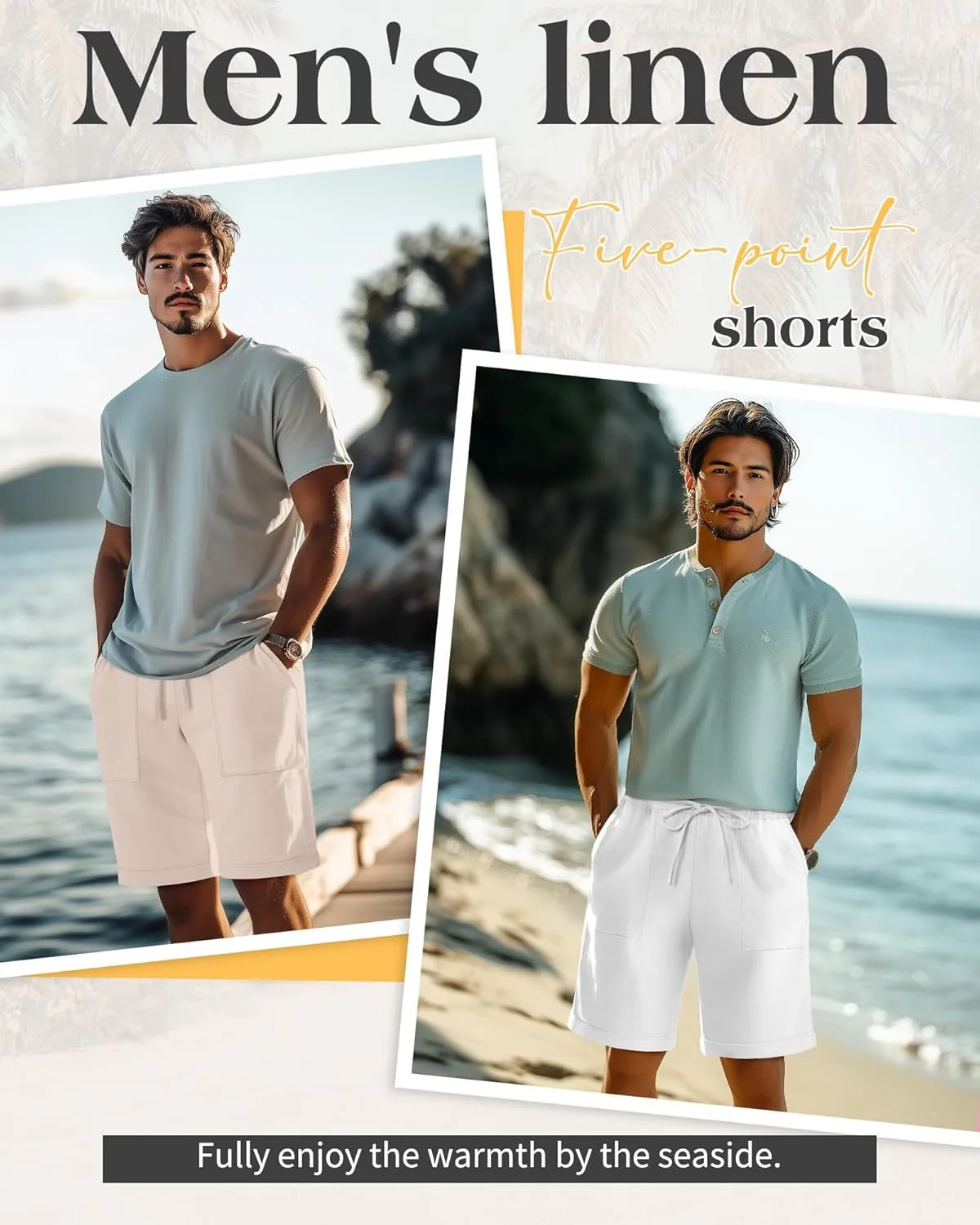 Neer 2 Pack Men's Cotton Linen Bermuda Flat Front Shorts, 7" Casual Elastic Waist Drawstring Summer Beach Shorts with Pockets