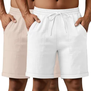 Neer 2 Pack Men's Cotton Linen Bermuda Flat Front Shorts, 7" Casual Elastic Waist Drawstring Summer Beach Shorts with Pockets