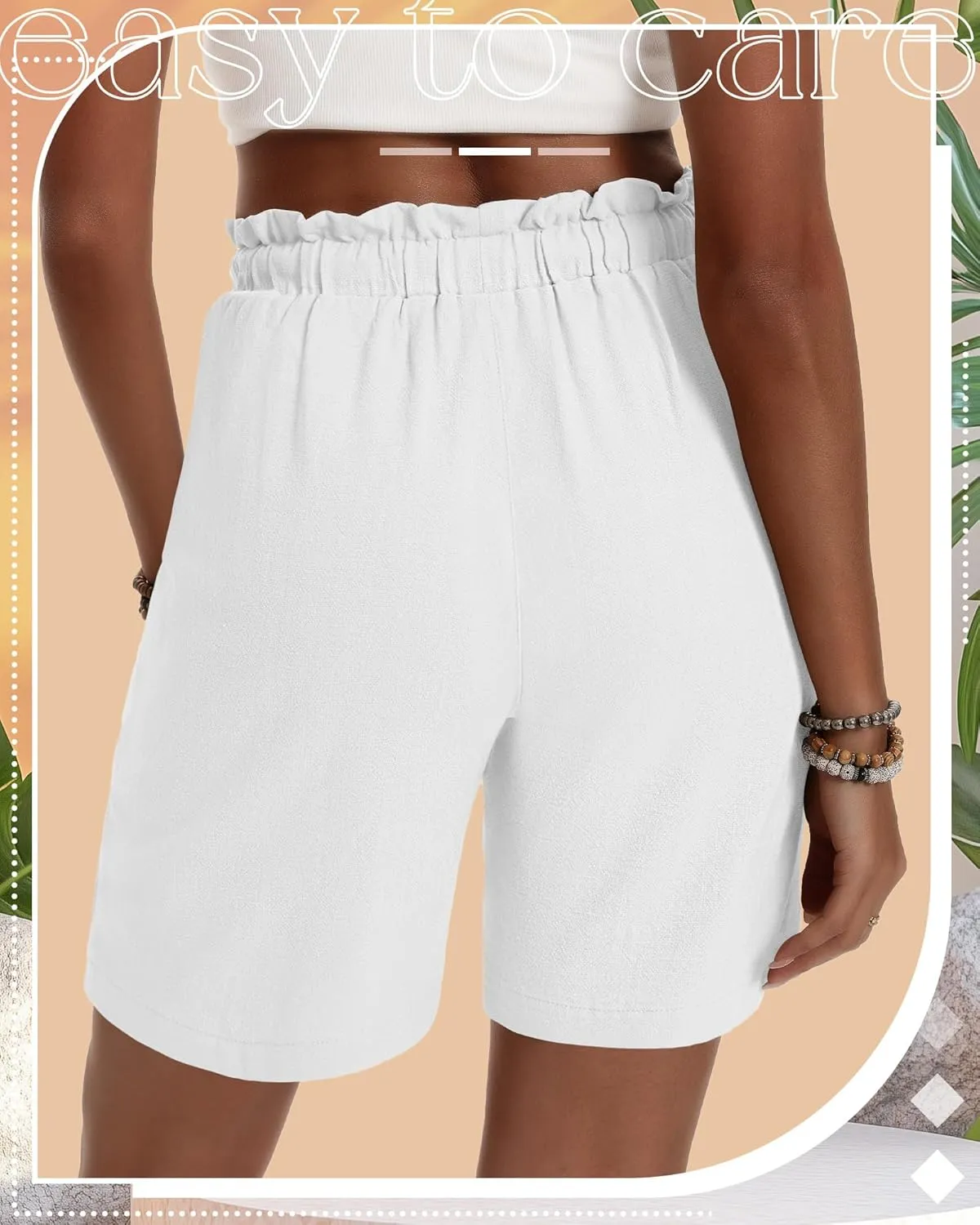 Neer 3 Pack Women's Linen Bermuda Shorts Summer Wide Leg Cotton Casual High Waist Drawstring Mid Length Shorts with Pockets