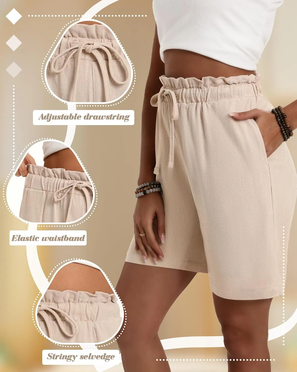 Neer 3 Pack Women's Linen Bermuda Shorts Summer Wide Leg Cotton Casual High Waist Drawstring Mid Length Shorts with Pockets