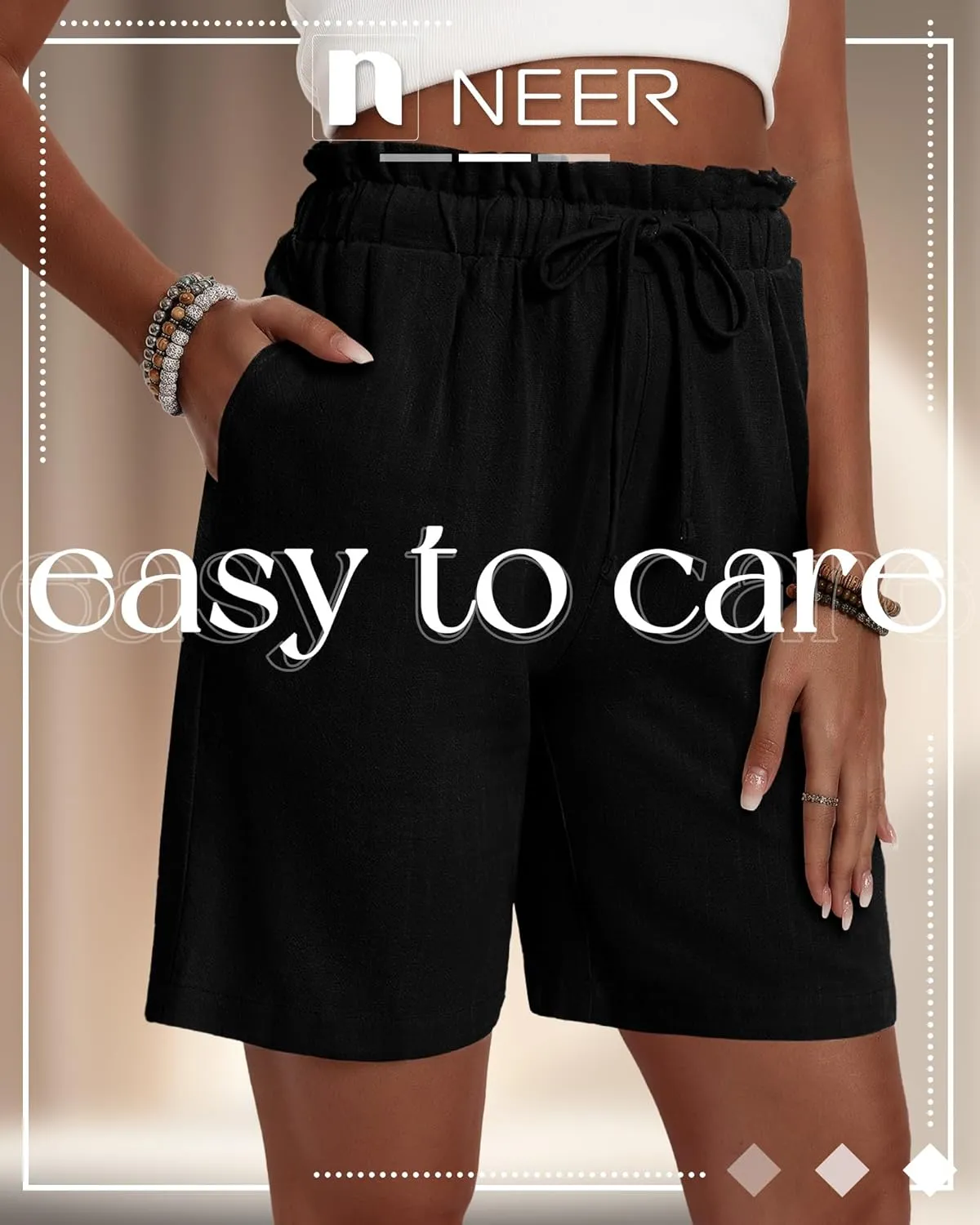 Neer 3 Pack Women's Linen Bermuda Shorts Summer Wide Leg Cotton Casual High Waist Drawstring Mid Length Shorts with Pockets