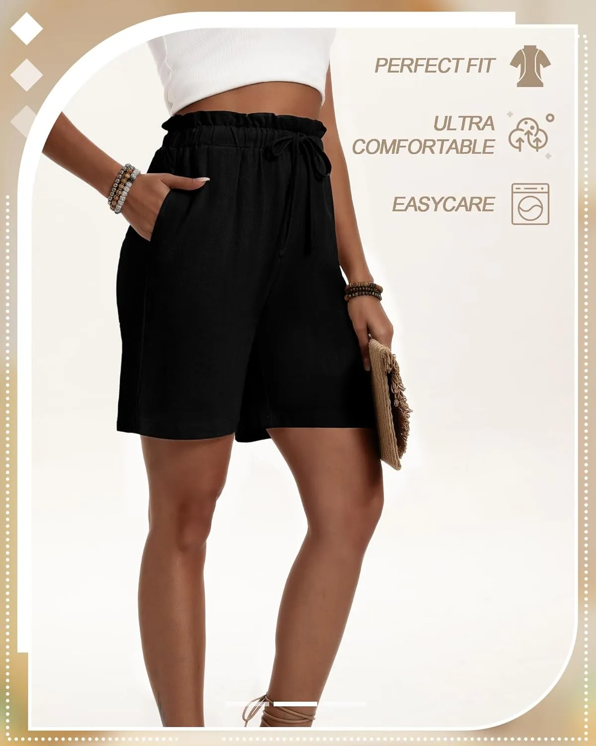 Neer 3 Pack Women's Linen Bermuda Shorts Summer Wide Leg Cotton Casual High Waist Drawstring Mid Length Shorts with Pockets