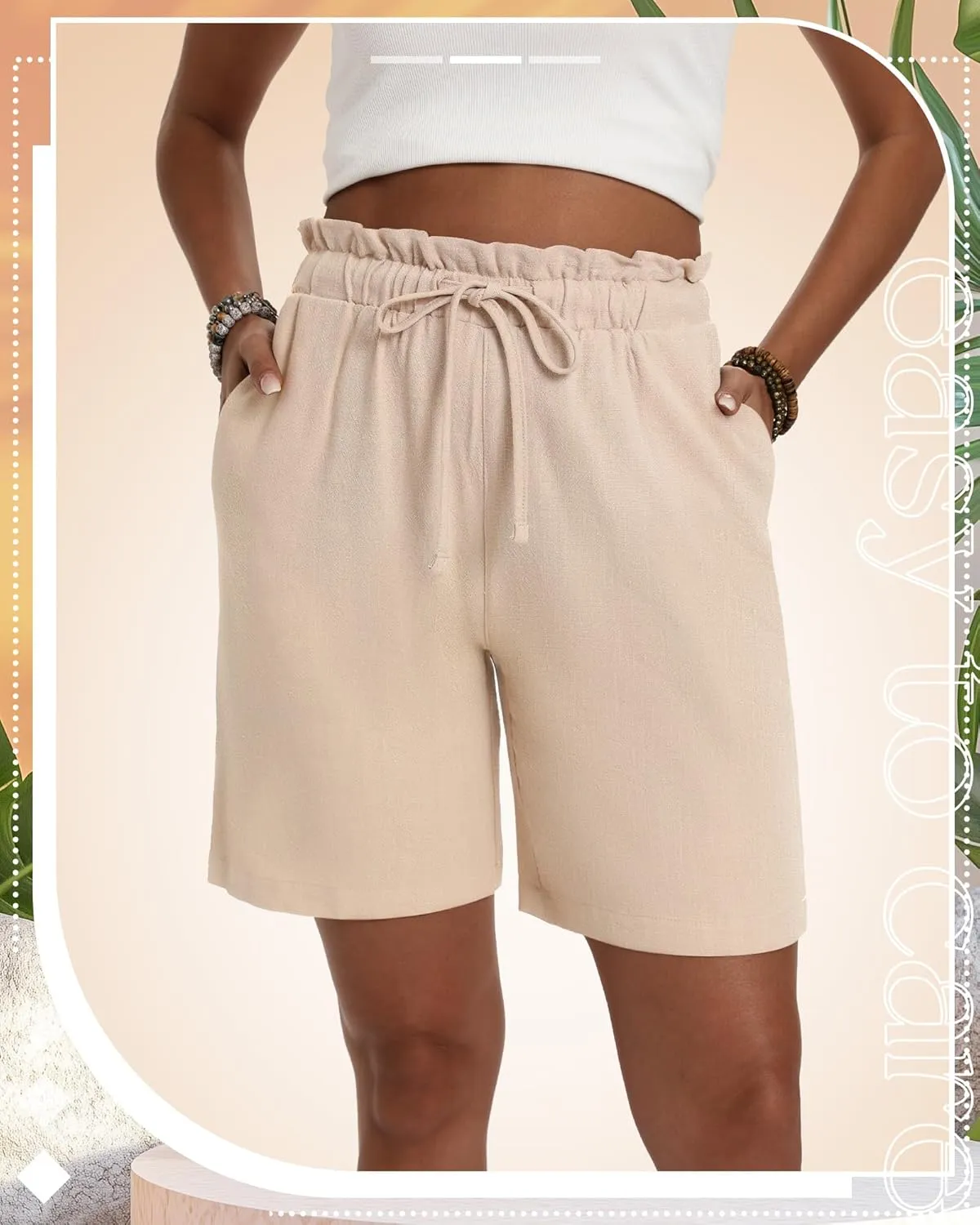 Neer 3 Pack Women's Linen Bermuda Shorts Summer Wide Leg Cotton Casual High Waist Drawstring Mid Length Shorts with Pockets