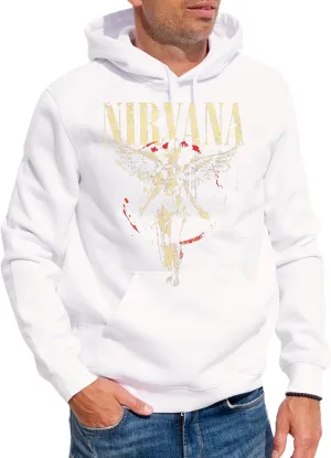 Nirvana Band Logo Pullover Hoodie, Black, Distressed Angel Design with Splatter Effect