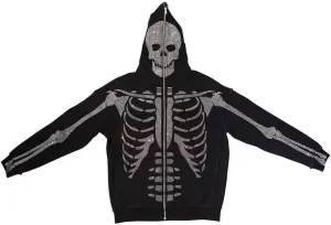 Nituyy Women Oversized Zip Up Hoodie Jacket Long Sleveve Diamond Skull Casual Grunge Hooded Sweatshirt with Pockets
