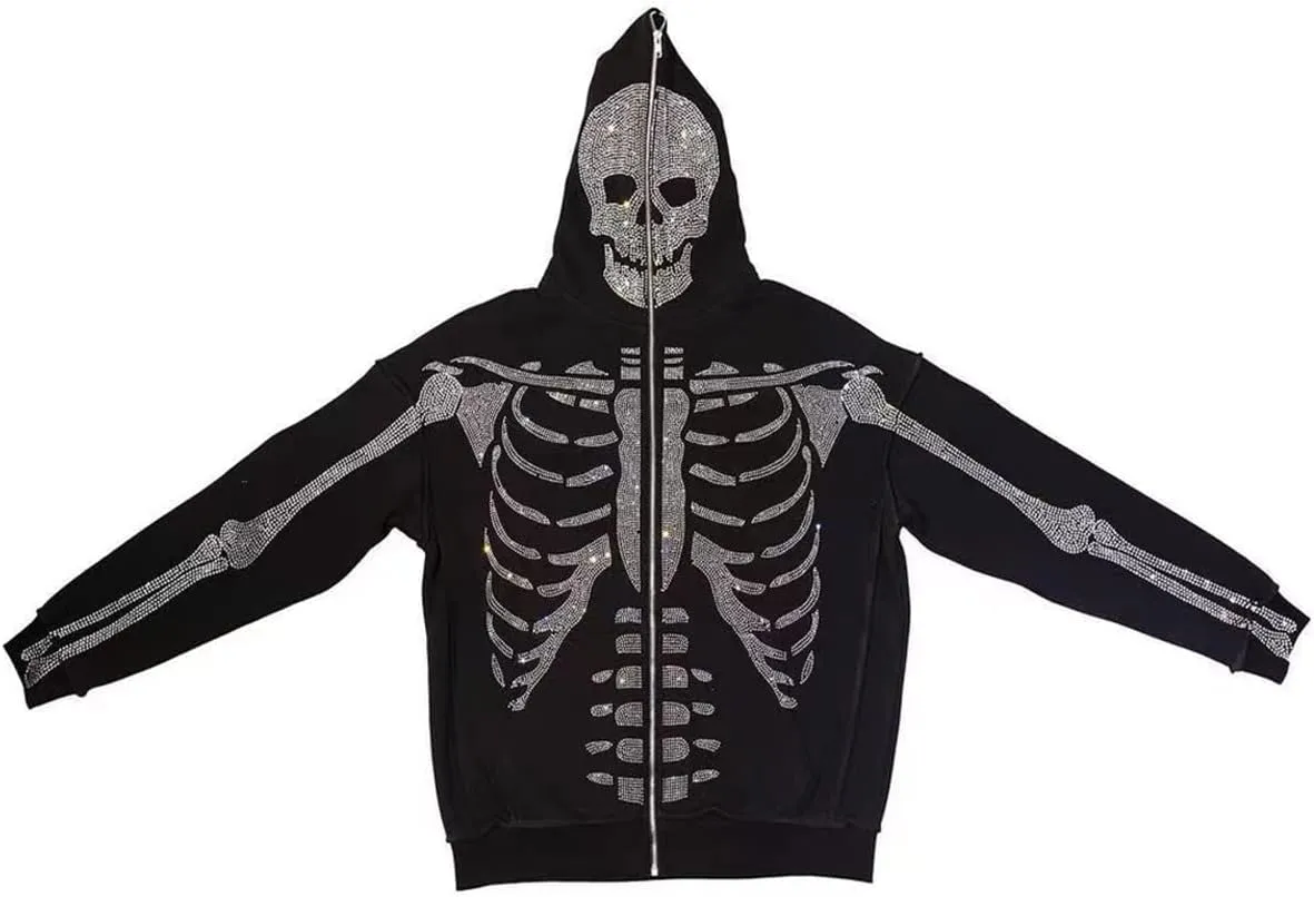 Nituyy Women Oversized Zip Up Hoodie Jacket Long Sleveve Diamond Skull Casual Grunge Hooded Sweatshirt with Pockets