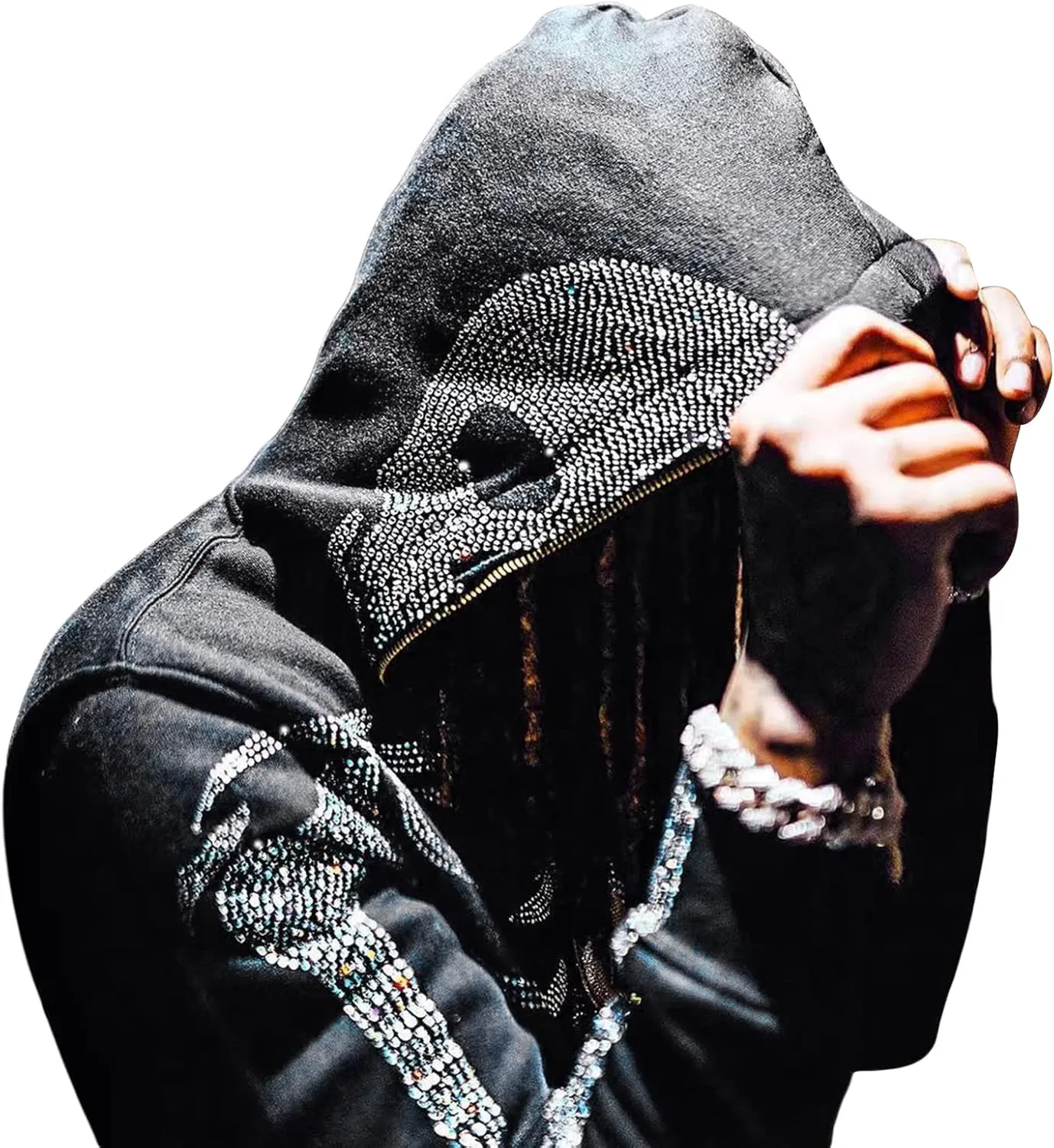 Nituyy Women Oversized Zip Up Hoodie Jacket Long Sleveve Diamond Skull Casual Grunge Hooded Sweatshirt with Pockets