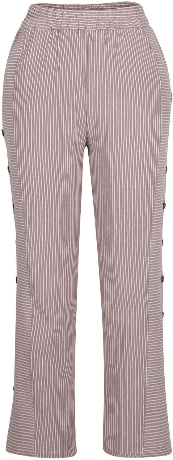 Oplxuo Cotton Linen Pants for Women Button Side Plus Size Striped Summer Gauze Pants Casual Elastic Waist Comfy Trousers