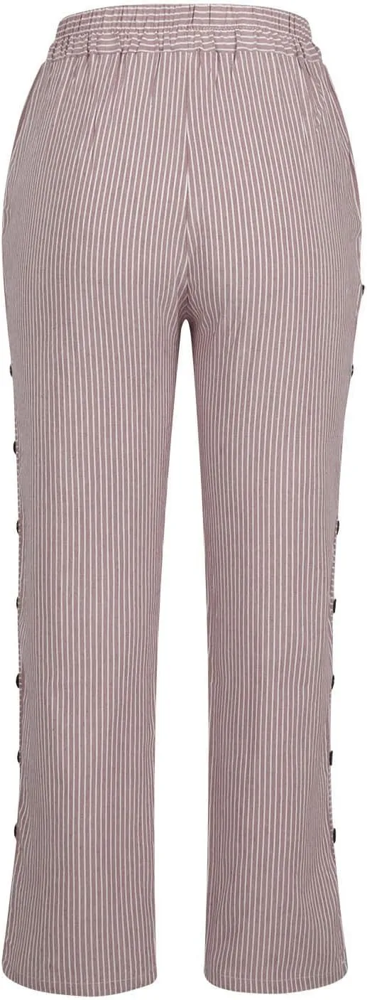 Oplxuo Cotton Linen Pants for Women Button Side Plus Size Striped Summer Gauze Pants Casual Elastic Waist Comfy Trousers