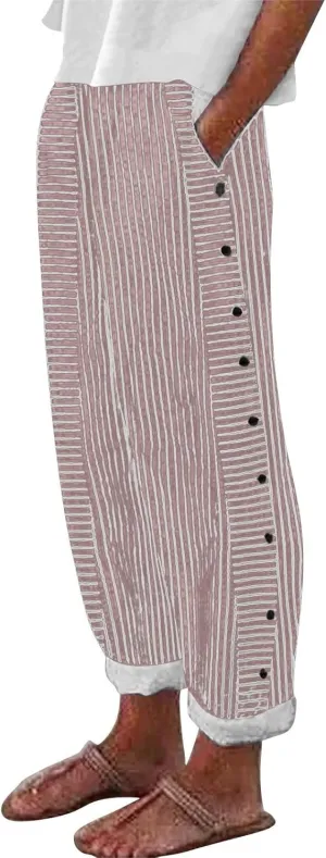 Oplxuo Cotton Linen Pants for Women Button Side Plus Size Striped Summer Gauze Pants Casual Elastic Waist Comfy Trousers