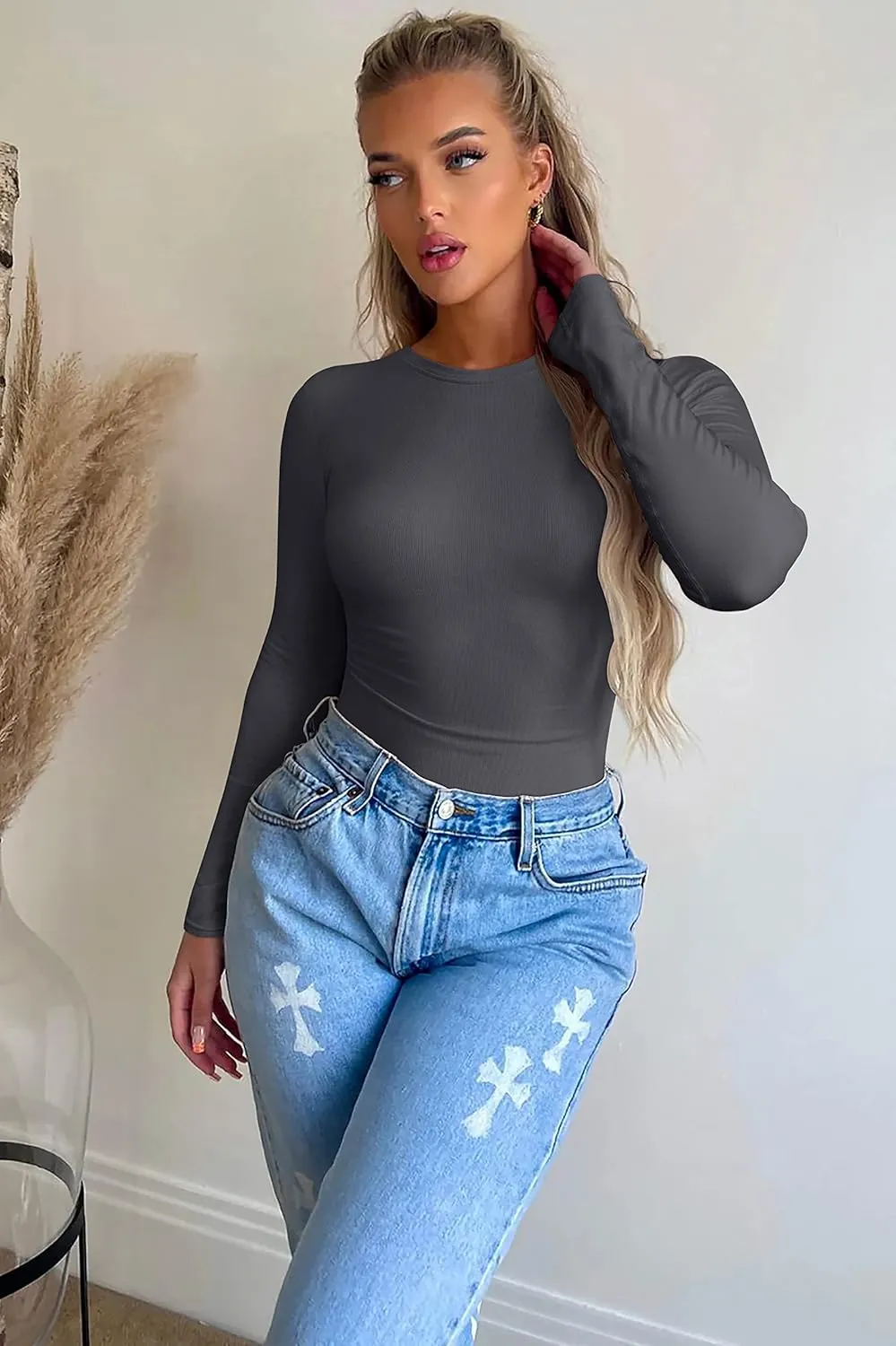 OQQ Womens 3 Piece Long Sleeve Tops Crew Neck Stretch Fitted Underscrubs Layer Tee Shirts 2025 Casual Outfits