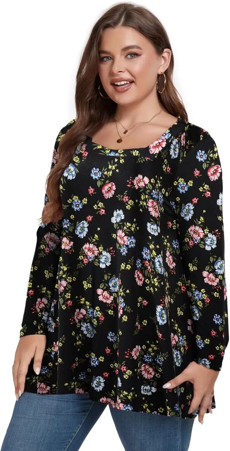 OVERWORETY Womens Plus Size T-Shirt Square Neck Long Sleeve Loose Casual Tunic Tops