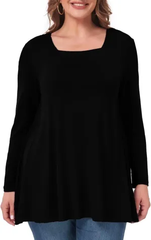 OVERWORETY Womens Plus Size T-Shirt Square Neck Long Sleeve Loose Casual Tunic Tops