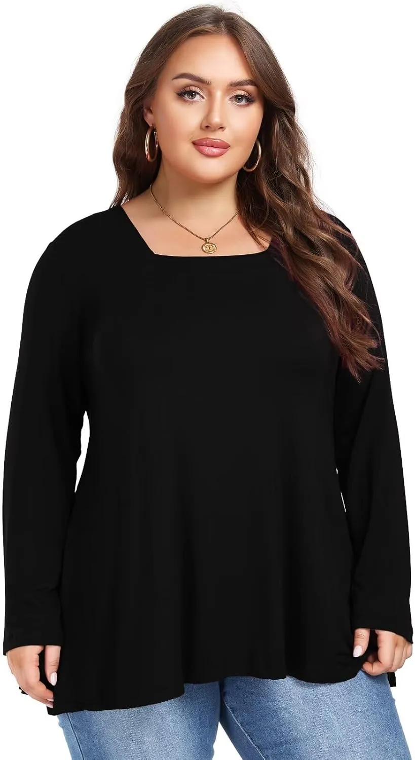 OVERWORETY Womens Plus Size T-Shirt Square Neck Long Sleeve Loose Casual Tunic Tops