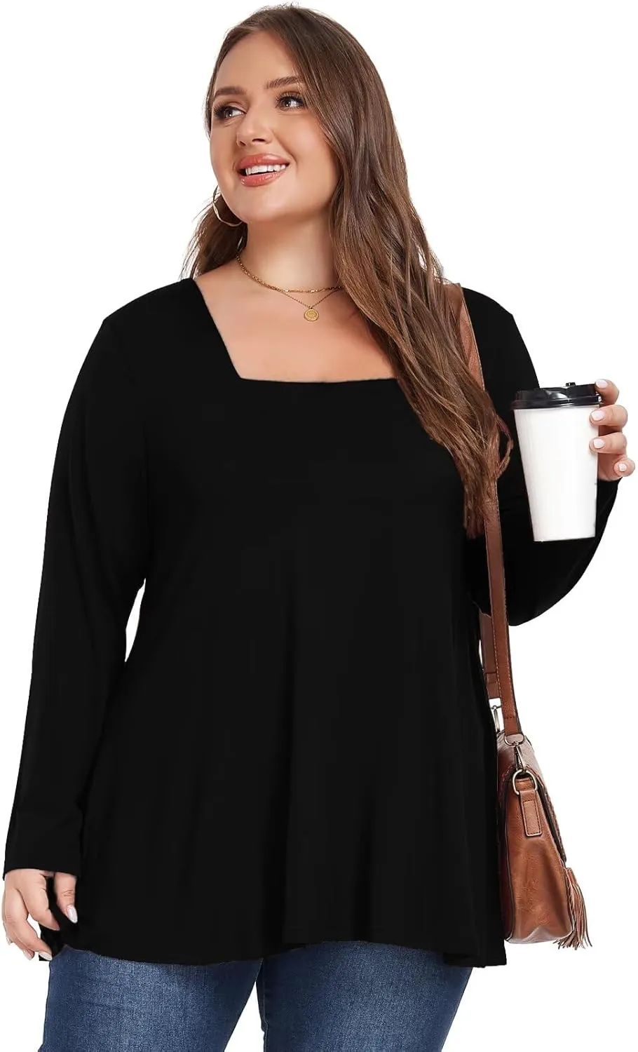 OVERWORETY Womens Plus Size T-Shirt Square Neck Long Sleeve Loose Casual Tunic Tops