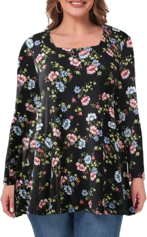 OVERWORETY Womens Plus Size T-Shirt Square Neck Long Sleeve Loose Casual Tunic Tops