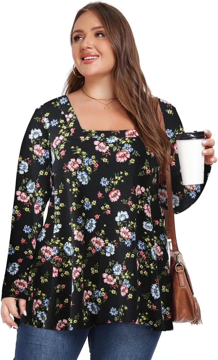 OVERWORETY Womens Plus Size T-Shirt Square Neck Long Sleeve Loose Casual Tunic Tops