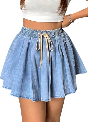 OYOANGLE Women's Plus Size Drawstring Waist Denim Skirts Y2k Ruffle Pleated Short Skirt