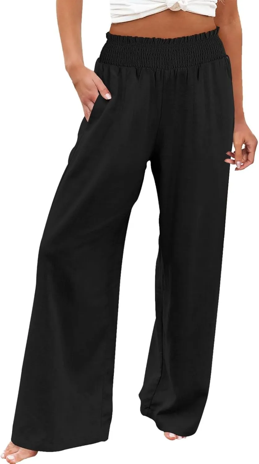 Palazzo Linen Pants Women 2024 High Waisted Wide Leg Boho Trousers Casual Drawstring Loose Workout Pants with Pockets