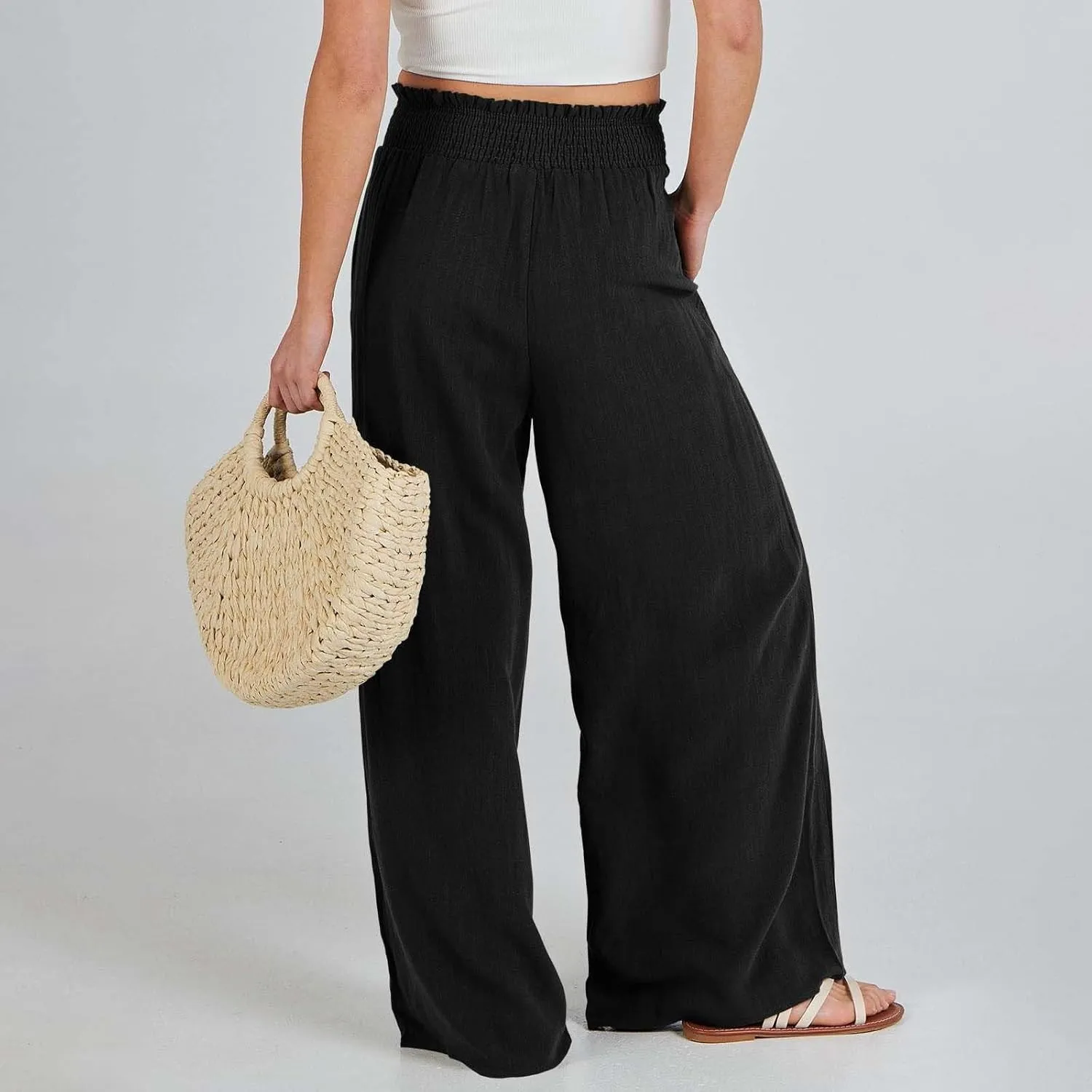 Palazzo Linen Pants Women 2024 High Waisted Wide Leg Boho Trousers Casual Drawstring Loose Workout Pants with Pockets