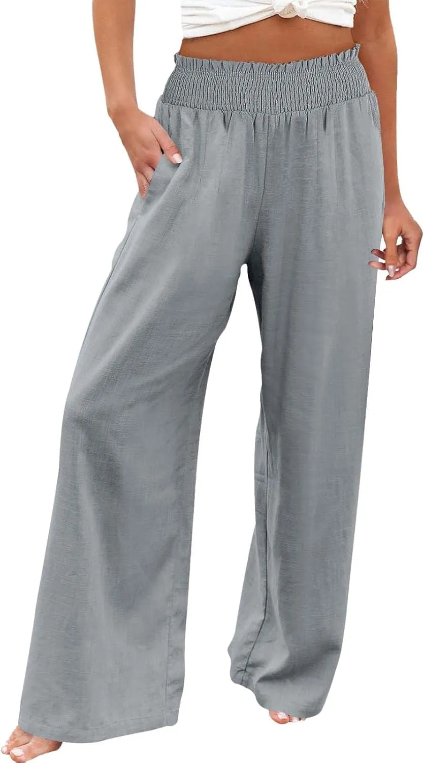 Palazzo Linen Pants Women 2024 High Waisted Wide Leg Boho Trousers Casual Drawstring Loose Workout Pants with Pockets
