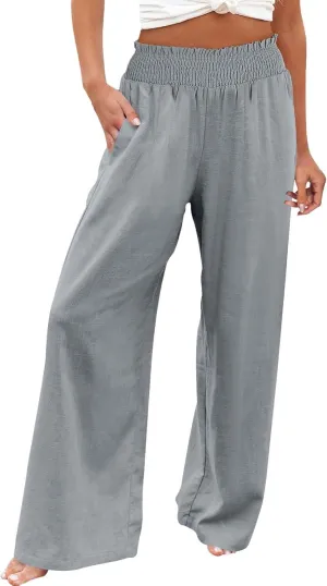 Palazzo Linen Pants Women 2024 High Waisted Wide Leg Boho Trousers Casual Drawstring Loose Workout Pants with Pockets