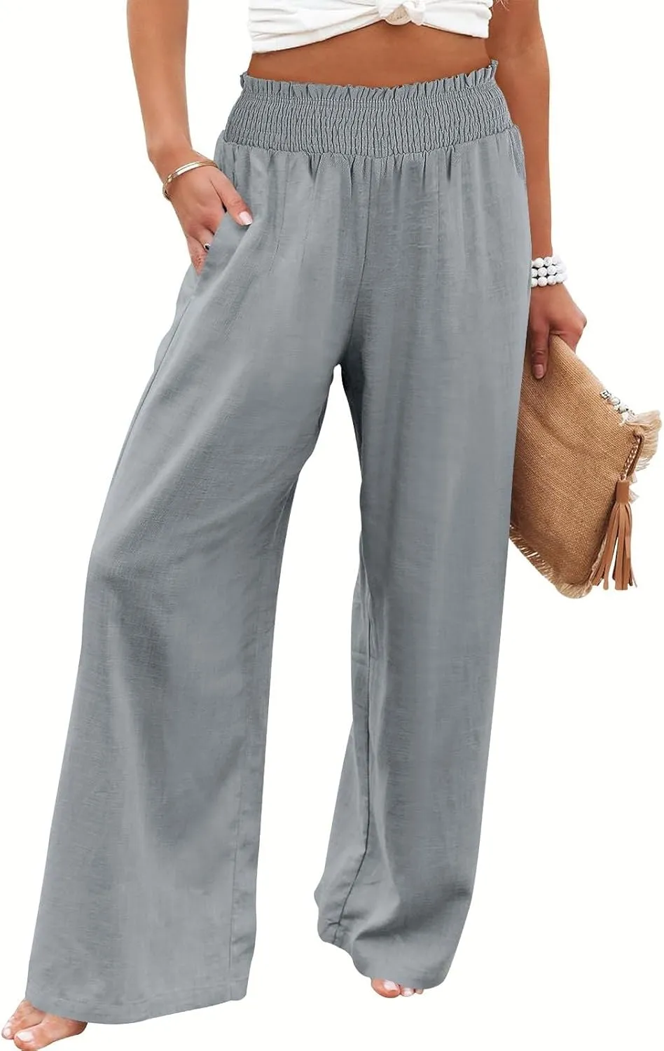 Palazzo Linen Pants Women 2024 High Waisted Wide Leg Boho Trousers Casual Drawstring Loose Workout Pants with Pockets