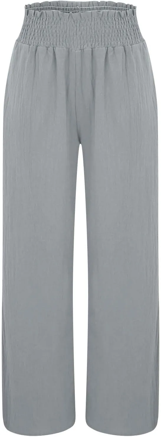 Palazzo Linen Pants Women 2024 High Waisted Wide Leg Boho Trousers Casual Drawstring Loose Workout Pants with Pockets