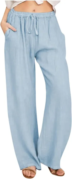 Palazzo Pants for Women Summer High Waisted Flowy Cotton Linen Pants Wide Leg Elastic Loose Trousers with Pockets
