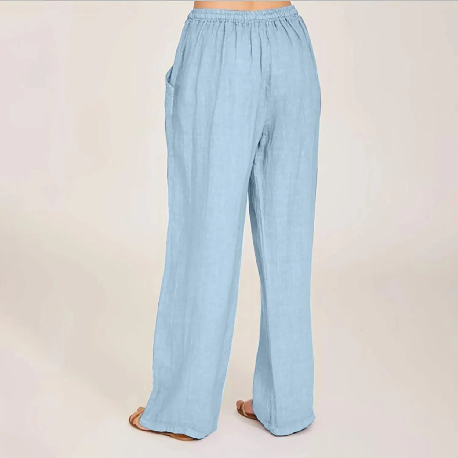 Palazzo Pants for Women Summer High Waisted Flowy Cotton Linen Pants Wide Leg Elastic Loose Trousers with Pockets