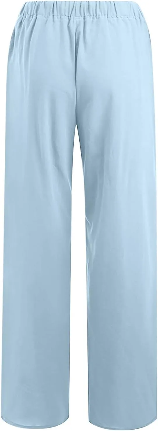 Palazzo Pants for Women Summer High Waisted Flowy Cotton Linen Pants Wide Leg Elastic Loose Trousers with Pockets