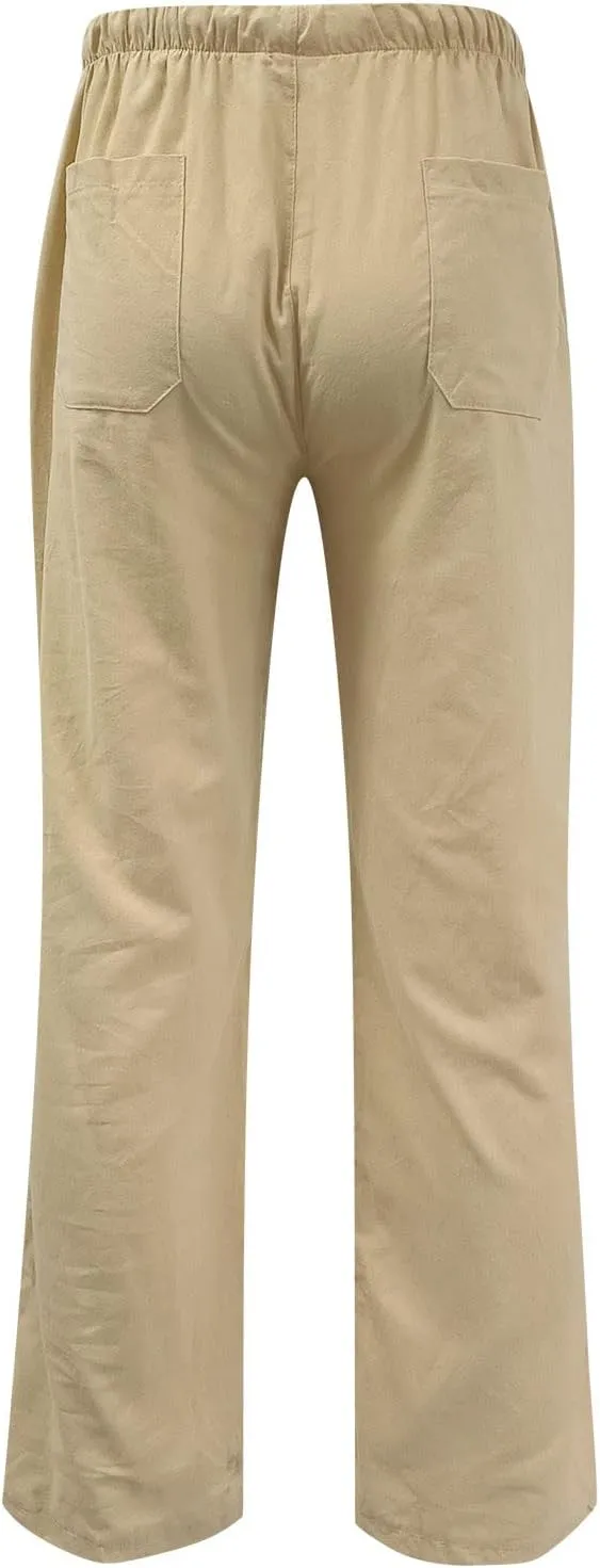 Pants for Men Cotton Linen Print Drawstring Pants Casual Loose Elastic Waist Solid Trousers Utility Straight Legs