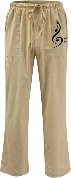 Pants for Men Cotton Linen Print Drawstring Pants Casual Loose Elastic Waist Solid Trousers Utility Straight Legs