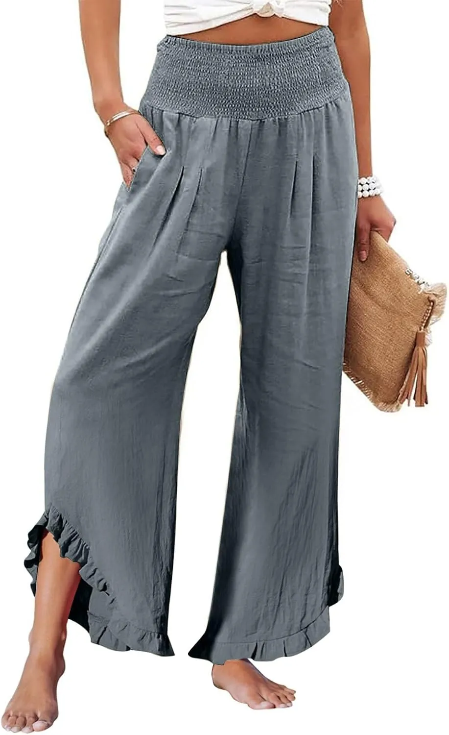 Pants for Women, Straight Leg Summer High Waisted Linen Pants Wide Palazzo